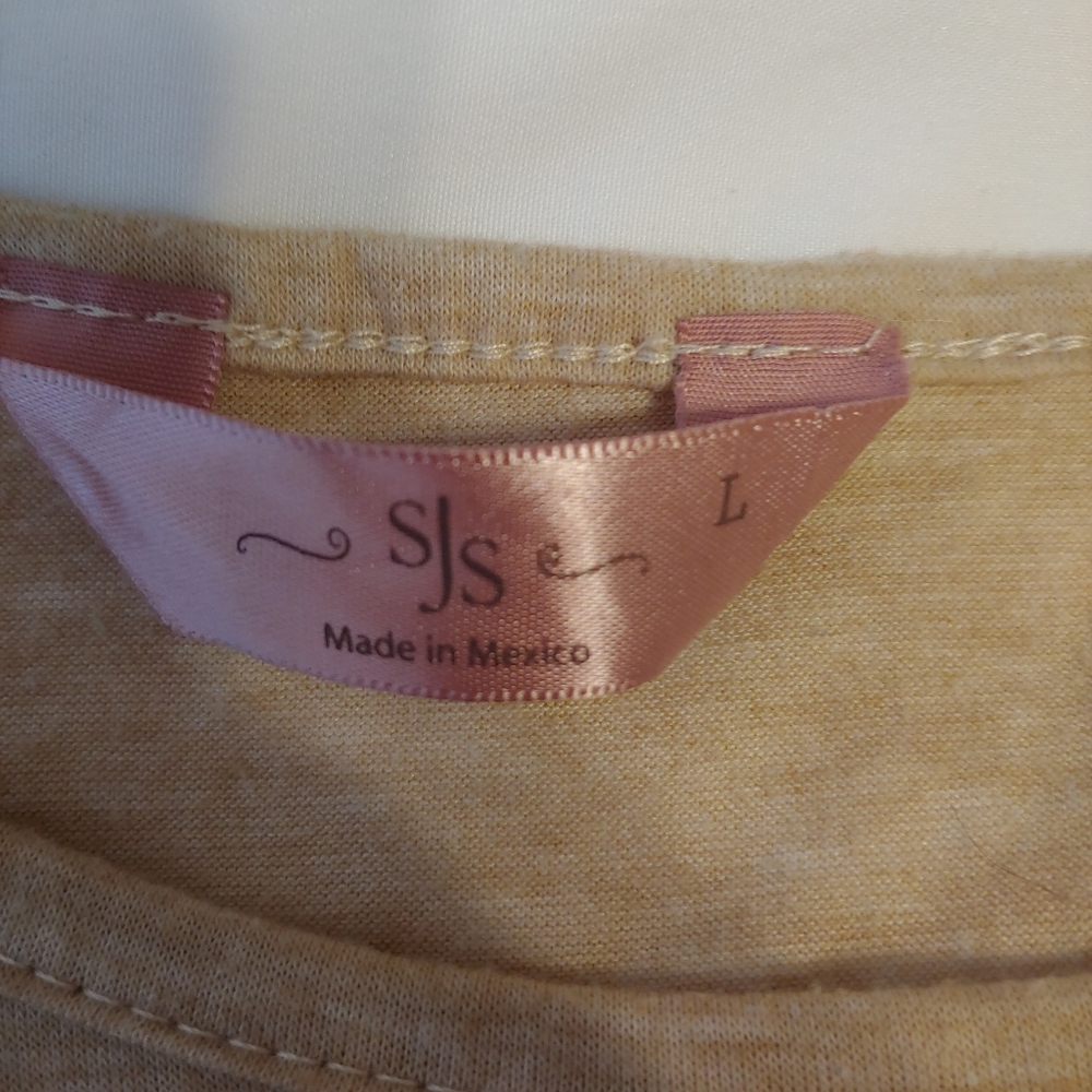 3/$15 Tan Embellished Arrow Blouse with Cinched Sides, Size L - Picture 2 of 4